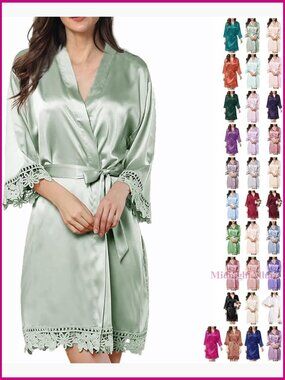 Silk Satin Robe Kimono Lace Trim Bridal Bridesmaid Lounge Wear